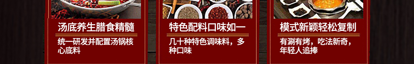 湯底養生臘食精髓：統一研發并配置湯鍋核心底料 特色配料口味如一：幾十種特色調味料，多種口味 模式新穎輕松復制：又涮又烤，吃法新奇，年輕人追捧